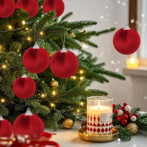 Woration 15pcs Christmas Tree Velvet Ball Hanging Red Ornaments DIY Decorations 2.36 inches Flocked Balls Shatterproof for Tree Xmas Holiday Party