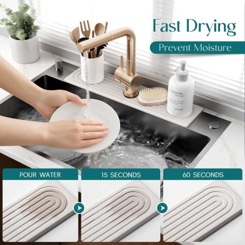 Large Faucet Mat for Kitchen Sink - Stone Drying Mat for Kitchen Counter, Diatomite Fast Drying Stone Sink Tray, Super Absorbent, Stylish Decor and Protector for Bathroom (Light Grey, 23.6 x 5.5)