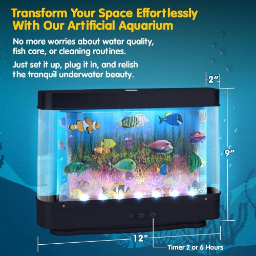 Artificial Fish Tank Virtual Ocean Toy with 2H or 6H Timer, Dimmable Lights, Mini Desk Decor, Colorful Aquarium, Motion Lamp Night Light for Kids with Moving Fish