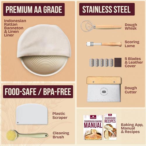 Superbaking Banneton Bread Proofing Basket, Sourdough Bread Baking Supplies, Round 9 Inch Sourdough Starter Kit, Proofing Basket for Baking, Bread Making Supplies Tools, Banneton Basket Gift Set