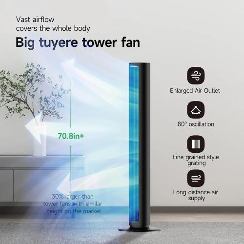 PHILODECO Tower Fan For Bedroom, 40 Inch Bladeless Fan, 80 ° Oscillating Fan, Silent Floor Fan With Remote Control Led, 4-Speed Multiple Modes, 7h Timer, Large Air Outlet