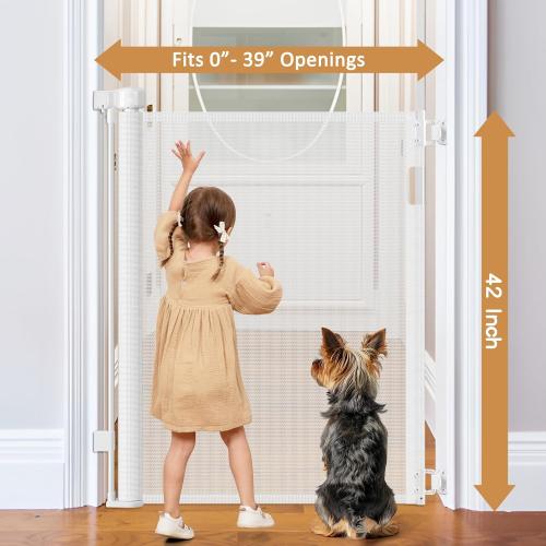 42 Inch Extra Tall Baby Gate 0-39 Wide Narrow Pet Gate Tall Retractable Baby Gates for Dogs Mesh Dog Gates Indoor Pet Gate for Stairs Doorways Hallways, White