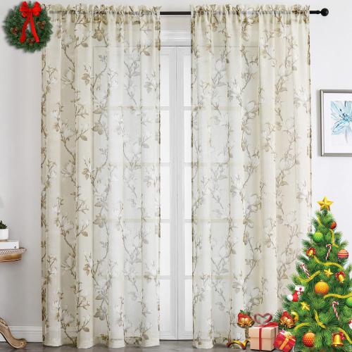 SMILE WEAVER Nature Yellow Sheer Curtains 54 inch Length for Living Room,Light Filtering Curtain 2 Panels,Voile Linen Textured Semi Sheer Floral Curtains for Bedroom/Kitchen Window Drapes