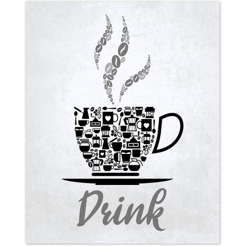 Black Grey White Mosaic Vintage Inspirational Kitchen Restaurant Cafe Bar Wall Art Decorations Eat Drink Love Wine Coffee Hearts Prints Posters Signs Sets for Rustic Farmhouse Country Home Dining