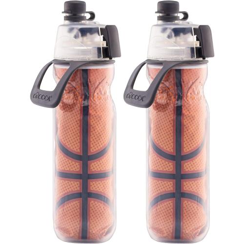 O2COOL Mist 'N Sip Misting Water Bottle 2-in-1 Mist And Sip Function With No Leak Pull Top Spout Reusable Sports Water Bottle - 20 oz (2 Pack Basketball)