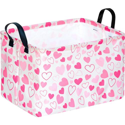 MAIZMZ Girls Gift Basket Heart Print Storage Cube for Women, Closet Shelf Organizer Bins Empty Gift Basket with Handles Nursery hamper Kids Toys Books Box Room Deco