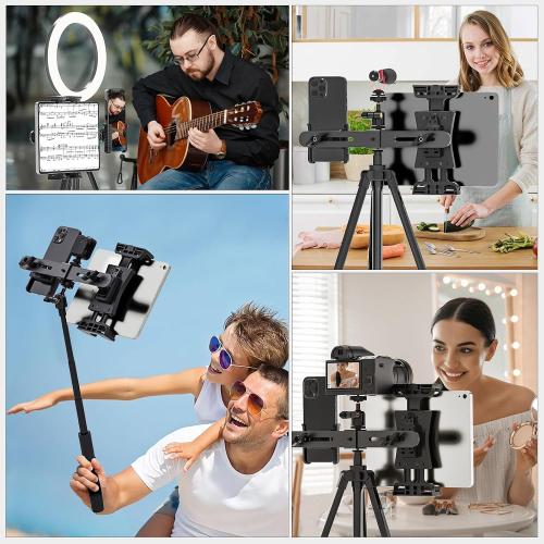 iPad Tripod Mount Adapter with 1/4 Ball Head for LED Ring Light, Microphone, and 2 Clamp Mount for iPad mini, Air, All 4.7-12.9 Lightweight Tablets and Smartphones