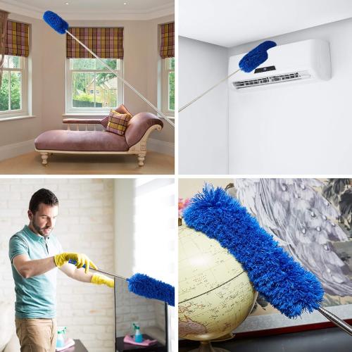 Cobweb Duster with Extension Pole, Washable Cleaning Duster Kit with 2 Duster Heads, Cobweb Duster, Corner Brush, Aluminum Telescoping Pole for Ceiling Fan (Blue)