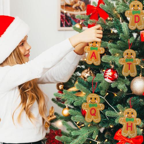 Christmas Felt Gingerbread with Initials, Gingerbread Man Embroidery Felt Letter Xmas Decor, Cute Monogram Knitted Rustic Hanging Ornaments Pendants for Party Fireplace Tree Home Decorations (A)