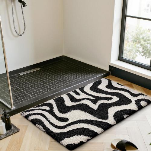 LUMI Non Slip Bathroom Rug Modern Aesthetic, Ultra Soft Absorbent Washable Bath Mats, Quick Dry Premium Floor Rugs for Shower, Tub, Black and White, 24x43