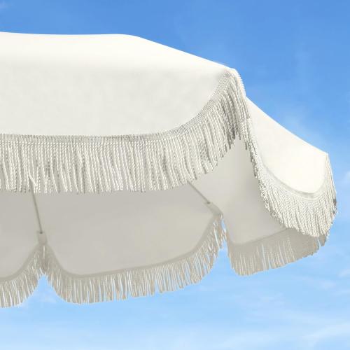 6.5ft Patio Umbrella with Fringe, Beach Umbrella, Fringe Umbrella Outdoor Patio with Hanging Hook, Tilting Aluminum Pole, UV 50 , Fiberglass Ribs, Elegant Cream