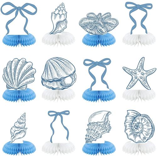 12 Pcs Blue Bow & Seashell Birthday Party Table Decor, Blue Bow Honeycomb Centerpieces, Summer Coastal Beach Party Decor, Starfish Seashell Table Topper for Birthday Bachelorette Bridal Wedding