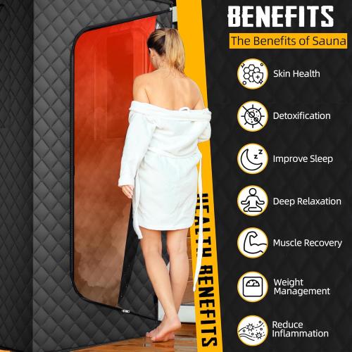 ouluu Portable Sauna with Red Light - Steam Sauna for Home, Folding Chair, Remote Control, 2.6’ x 2.6’ x 6.0’, Black