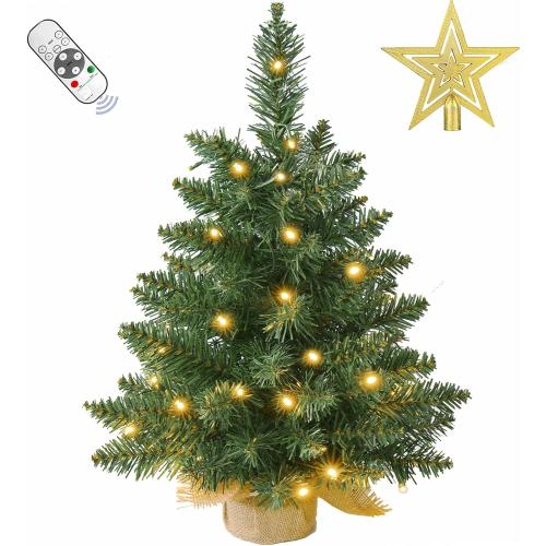 20Inch Prelit Artificial Small Mini Christmas Tree with Warm White Multi-Color LED Lights, Remote Control and Timer, Perfect for Xmas Tabletop Decorations, Home, Kitchen, Dining Table top Green