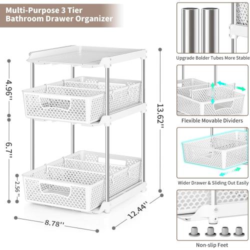 3Pcs 3 Tier Bathroom Organizers and Storage, UPGRADE WIDER BOLDER, Pull Out Under Sink Organizer with Dividers, Kitchen Pantry Organizers and Storage, Bathroom Storage Cabinet - White