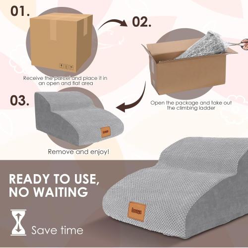 Grey 11.8H Extended Dog Stairs, 2 Step, 30D Foam Pet Stairs with Waterproof Cover,Dog Step for Small Dogs Cats with Old/Injured, 11.8 H,Wider Step