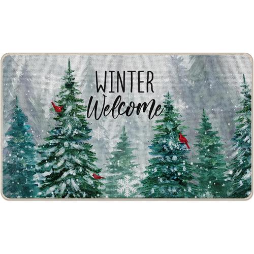 Winter Welcome Decorative Front Door Mat, Farmhouse Pine Tree Cardinal Red Bird Doormat Indoor Outdoor Non-Slip Floor Entryway Rug, Snowflake Forest Christmas Home Kitchen Decoration 17x29