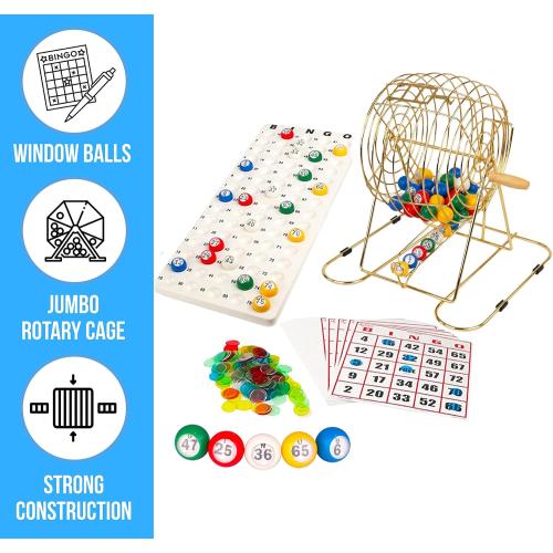 Regal Bingo Professional Bingo Game Set with 11 Wheel Cage, 75 Bingo Balls, Master Board, 18 Bingo Cards & 25 Jumbo Reusable Cards, and Colorful Chips - Bingo Games for Adults Large Group - Gold
