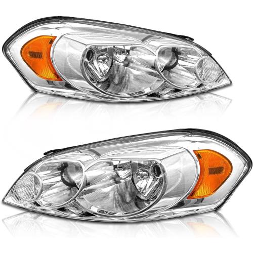 Headlights Assembly for 2006-2013 Chevy Impala | 2014-2016 Chevy Impala Limited | 2006-2007 Chevy Monte Carlo Chrome Housing Amber Reflector Replacement Driver and Passenger Side