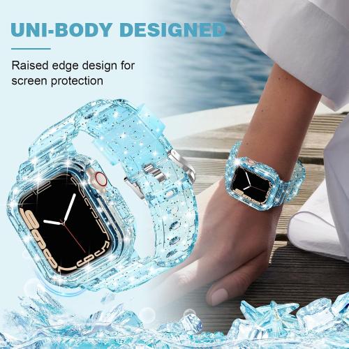XYF Compatible for Crystal Clear Apple Watch Bands 45/44mm GlitterBlue | Sport Strap & Bumper Case Cover for Men Women, Crystal Clear Jelly, Compatible iWatch Ultra 3 2 Series 11 10 9 8 7 SE 6 5 4 3