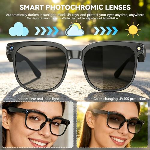 AI Smart Glasses with Camera, 1080P EIS Video, Bluetooth Music