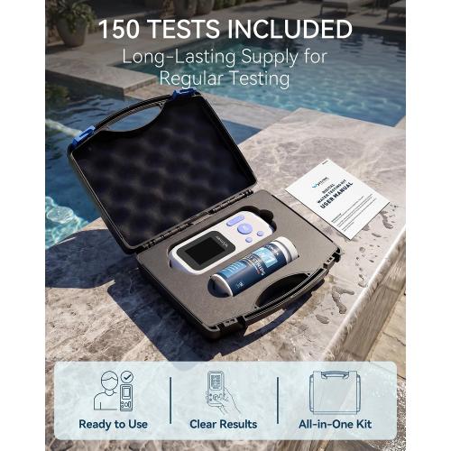 Digital Pool Water Test Kit with Digital Reader, Wynvex 7-in-1 Water Testing for Chlorine, Bromine, pH, Alkalinity & More, Includes 150 Test Strips for Pools