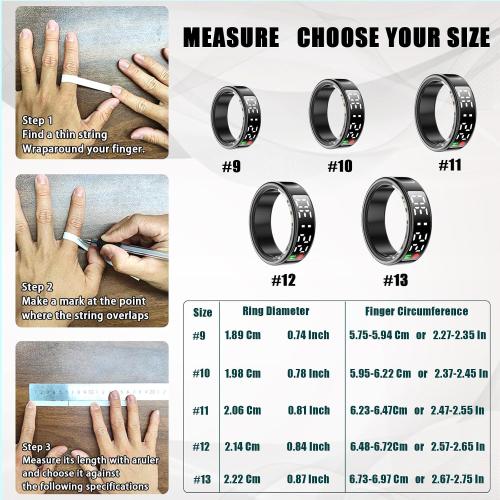 Color Black Smart Rings for Men Women,Fitness Tracker Ring,Smart Ring whth Display and Touch Button,IP68waterproof,Health Ring Tracks Heart Rate/Sleep/Steps/Blood Oxygen/Calorie/Distance,No Subscription
