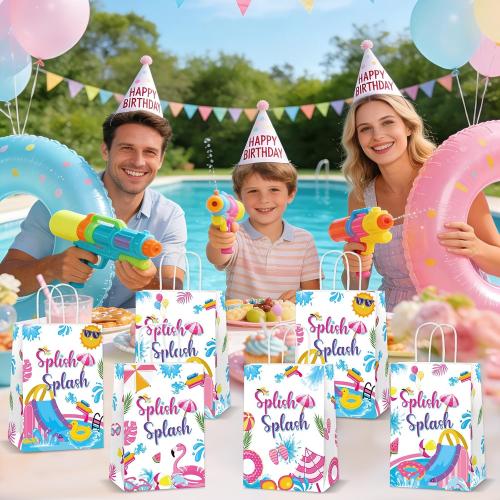24Pcs Splish Splash Party Paper Bags Splish Splash Birthday Decorations Water Slide Kraft Gift Bags with Handles Pool Birthday Paper Candy Treat Bag for Kids Swimming Bash Hawaiian Luau Party Supplies