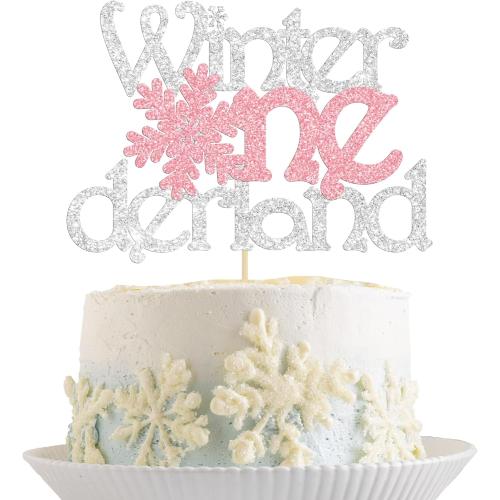 1Pc Winter Onederland Cake Topper Pink Glitter Snowflake One 1st Birthday Party Cake Pick Decorations for Winter Snowflake Theme Baby Shower Kids First Birthday Party Supplies