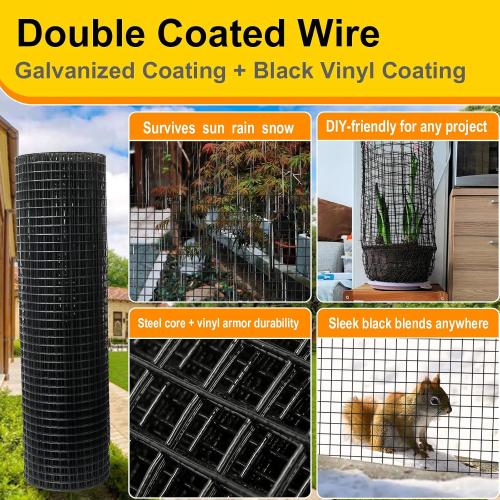 Black Hardware Cloth 1/2inx48inx100ft, Chicken Wire Fencing, 19Gauge, Vinyl PVC Coated Mesh, Welded Wire mesh, Perfect for Gopher Wire, Rodent Mesh, Tree Guard, Chicken Coop