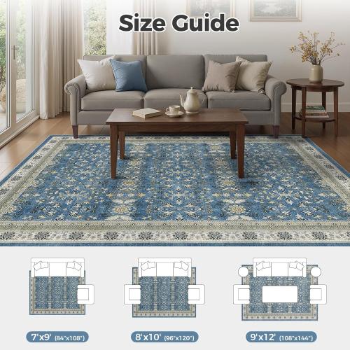 WITSHOCK Living Room Rug Vintage Distressed Oushak Boho Farmhouse Retro Antique, Dining Room Rugs for Under Table, Bedroom Nursery Playroom, Ultra Soft Non-Slip Washable Stain Resistance, Blue