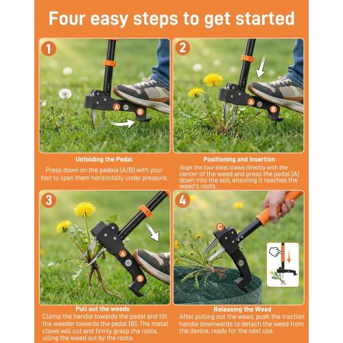 HAUSPROFI Stand Up Weed Puller Tool with 36-46 Inch Adjustable Long Handle and 50L Garden Bag, Heavy Duty 4-Claw Stainless Steel Weed Remover Tool with Automatic Rebound Design for Deep Roots