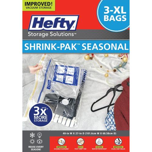Pack of 3 Size XL Hefty Shrink-Pak - 3 Extra Large Vacuum Storage Bags for Clothes, Pillows, Towels, or Blankets - Space Saver Vacuum Sealer Bags Ideal Under Bed Storage Solutions