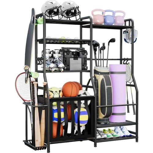 Faesun Garage Sports Equipment Organizer, Golf Bag Storage Rack, Heavy Duty Ball Holder with Basket & Hooks, Indoor/Outdoor Basketball Storage Bins for Toy Sports Gear Storage