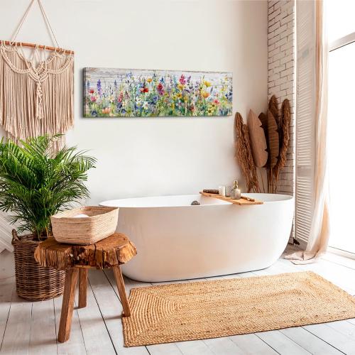 Rustic Wildflower Wall Art Colorful Farmhouse Floral Scenery Picture Decor Watercolor Flower Landscape Wood Grain Prints Painting Artwork for Living Room Office Bathroom Bedroom Home Decoration 14x48