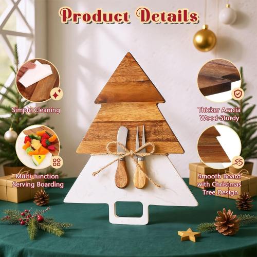 Christmas Tree Shaped Marble Charcuterie Cutting Serving Board with Cheese Utensils Cutting Board with Marble and Natural Wood for Kitchen Wedding Anniversary Bridal Shower Housewarming Gift