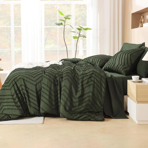 Litanika King Size Comforter Set with Sheets Dark Olive Green - 7 Pieces Bed in a Bag King Chevron Tufted Complete Bedding Sets with Comforter, Sheets, Pillowcases & Shams