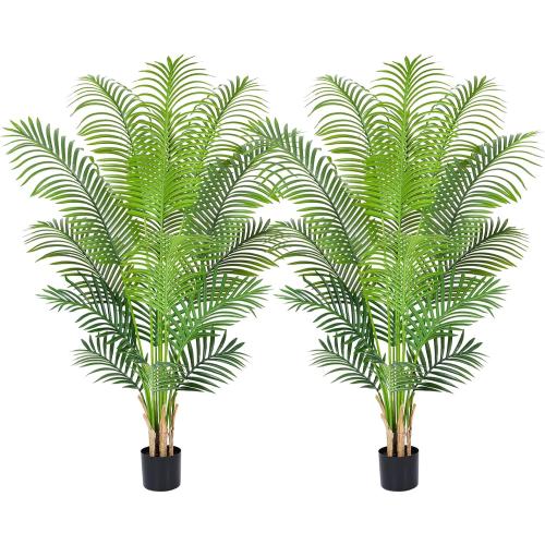 5ft Artificial Palm Tree Indoor Plant Tall Fake Tropical Paradise Palm Tree in Pot with Real Bark Design Faux Areca Palm Tree for Home Office Living Room Bedroom Farmhouse Modern Decor 2pcs