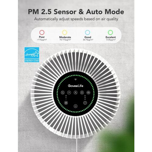 GoveeLife Smart Air Purifier for Home Large Room Up to 1524 sq.ft.with Washable Filter, Integrated PM 2.5 Air Quality Sensor,WiFi, Air Purifier for Smoke, Wildfire, Pet Hair,24dB, White