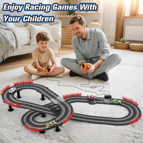 3-in-1 Slot Car Race Track Sets with 4 High-Speed Cars, Electric Track, Dual Racing Game with Lap Counter & 2 Controllers, and Circular Overpass Design – Toy Gift for Boys Kids Ages 6-8 8-12