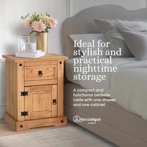 Corona 1 Drawer 1 Door 17-Inch Wide Bedside Table - Reforested Wood Single Nightstand - Smart Space-Saving Compact Furniture - Easy to Assemble - Seconique