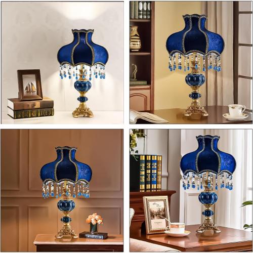 European Style Table Lamp with Fabric Lampshade Hand-Made Antique Varnished Resin Lampbody Victorian Style Table Lamp for Living Room Bedroom(Blue)