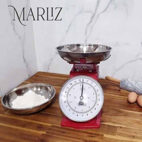 MARLIZ 11 lb/ 5Kg Mechanical Food Scale - Analog Kitchen Scale with 2 Bowls (Grams & Ounces) | Balanza de Cocina - Red Meat Scale