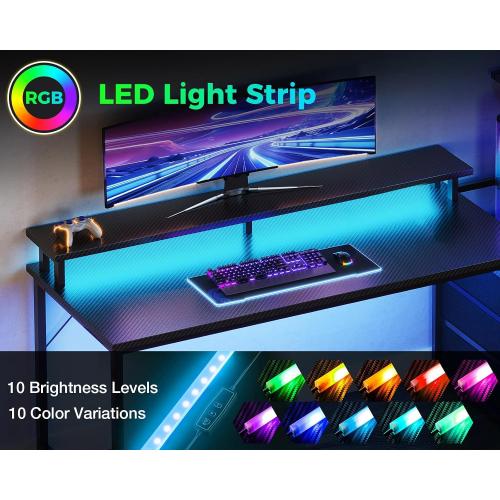 AODK Gaming Desk w/PC Showcase Stand, 59 Reversible, RGB LED, Black | Elevated stand fits Lian Li O11, Hyte Y60. Triple drawers hide cables, controllers, clutter