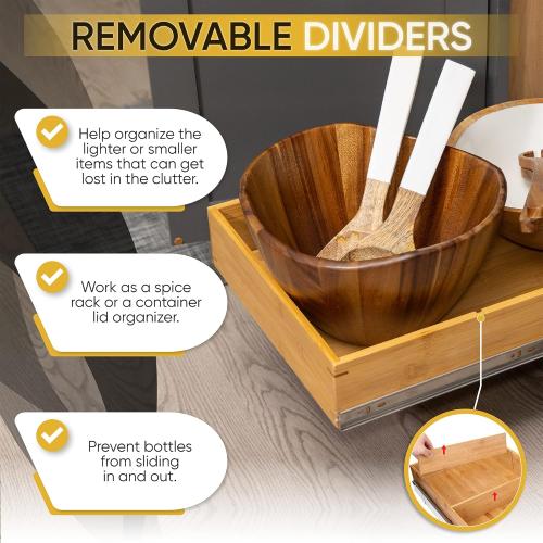 Pull Out Cabinet Drawer Organizer, Sliding Bamboo Wood Storage Rack Organization, Gliding Cupboard Shelf for Kitchen, Pantry, Slide Out Spice Rack Container Lid Organizer with Dividers, 20.5''W x