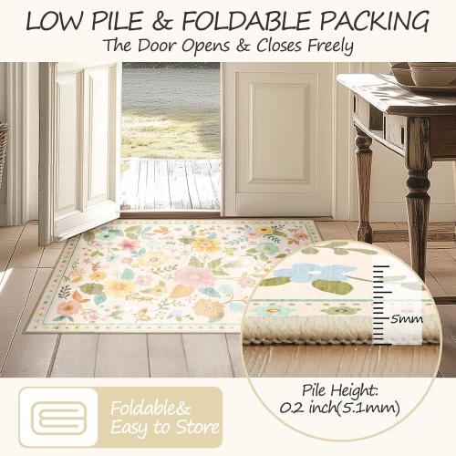 Floral 6x9 Area Rug Machine Washable Soft Print Boho Carpet Non Slip Doormat Low Pile Flower Area Rugs for Living Room Bedroom Nursery Kitchen Dining Room Indoor-Beige/White/Orange