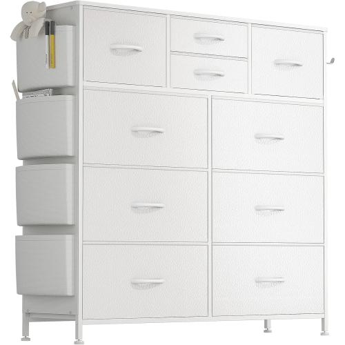 Lulive White Dresser for Bedroom with 10 Drawers, Chest of Drawers with Side Pockets and Hooks, PU Storage Dresser, Organizer Unit for Living Room, Hallway, Closet (White)