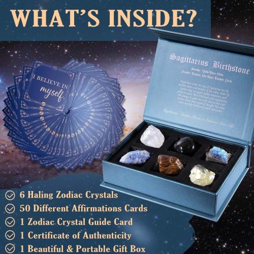 Faivykyd Sagittarius Birthday Crystals Gifts - 6 Sagittarius Zodiac Healing Stones w/ 50 Miracle Mantras Affirmation Cards, Spiritual Gifts for Positive Energy, Self-Care, Love & Wealth