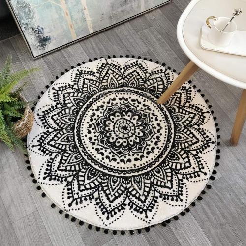 Uphome Boho Round Rug for Bedroom 3' Circle Beige and Black Bathroom Rug with Pom Poms Fringe Washable Mandala Accent Throw Rugs Non-Slip Soft Floor Mat for Entryway Living Room Sofa Kids Room Nursery