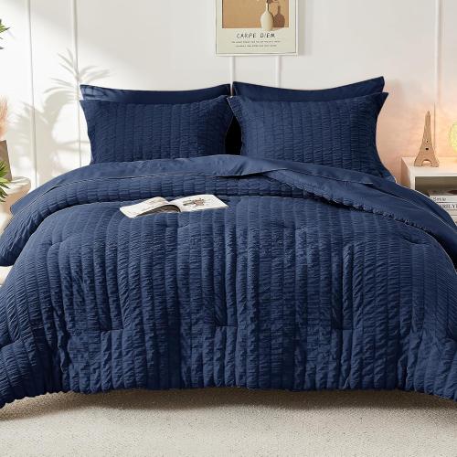 HYMOKEGE Navy Blue Queen Comforter Set Seersucker  All Season Luxury Bed in a Bag for Bedroom, Bedding Set with Comforters, Sheets, Pillowcases & Shams